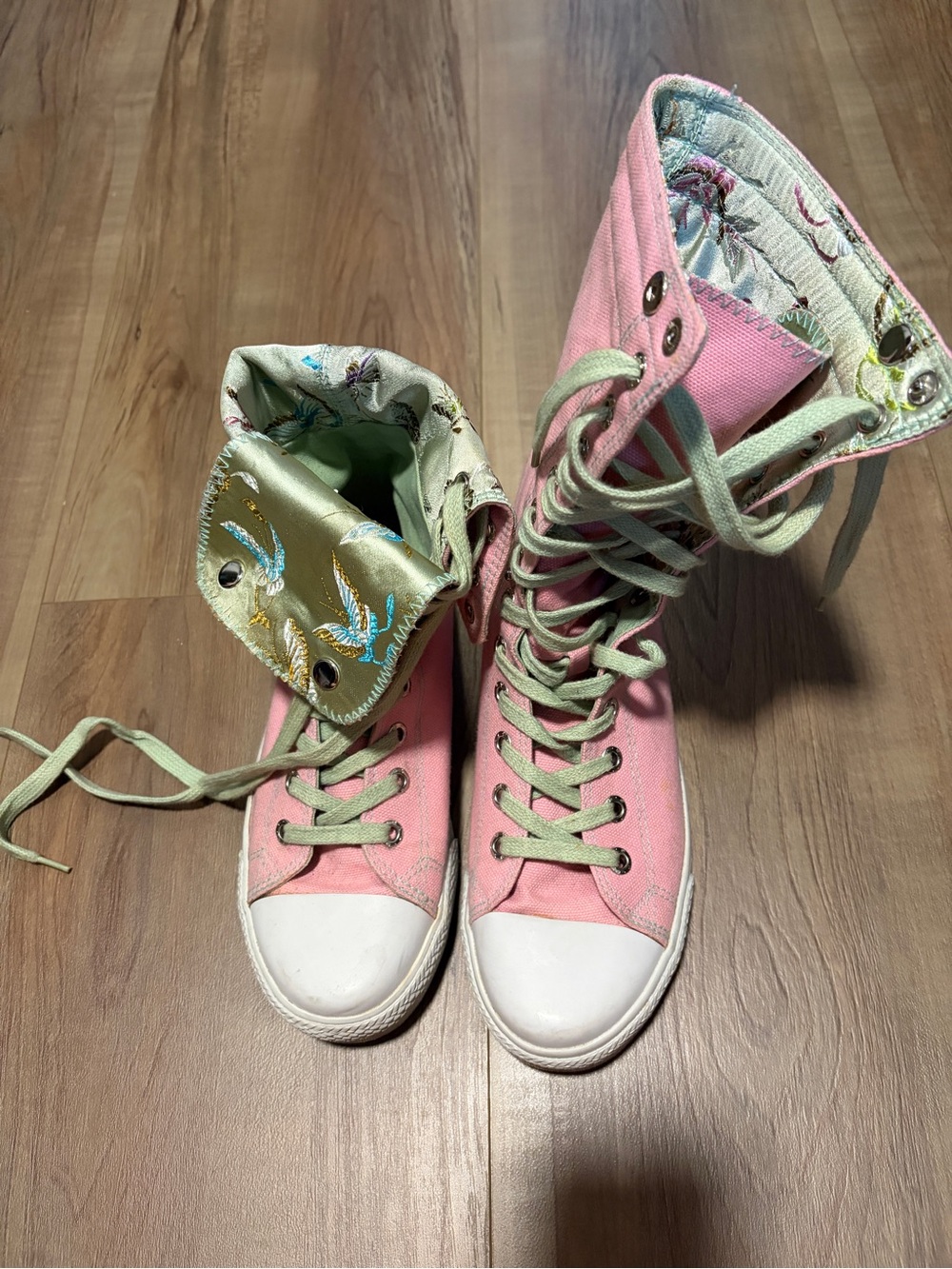 Women's Pink High-Top Canvas Sneakers with Embroidered Fold-Over Detail